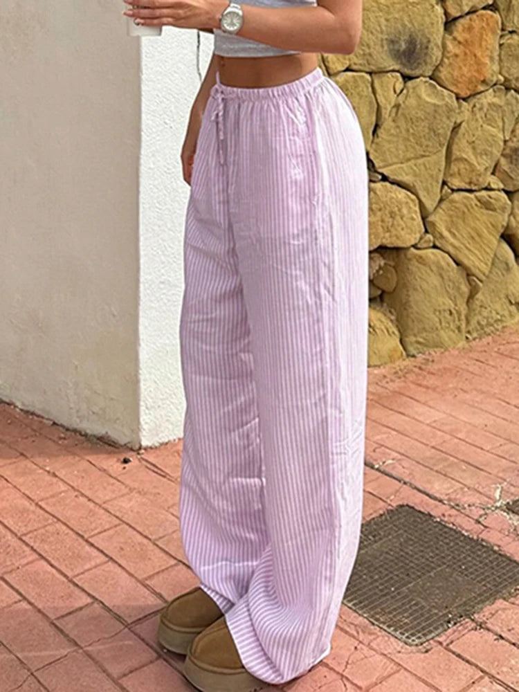 Pantaloni larghi con stampa a righe streetwear Pantaloni da jogging con lacci Moda Y2K Pantaloni larghi Estetici di base anni '90 Pantaloni carini