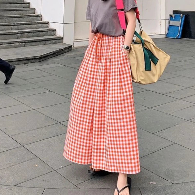 Pantaloni scozzesi a gamba larga da donna Pantaloni larghi stile coreano con pannelli Pantaloni streetwear Pantalones Abbigliamento estivo A-line Adolescenti College