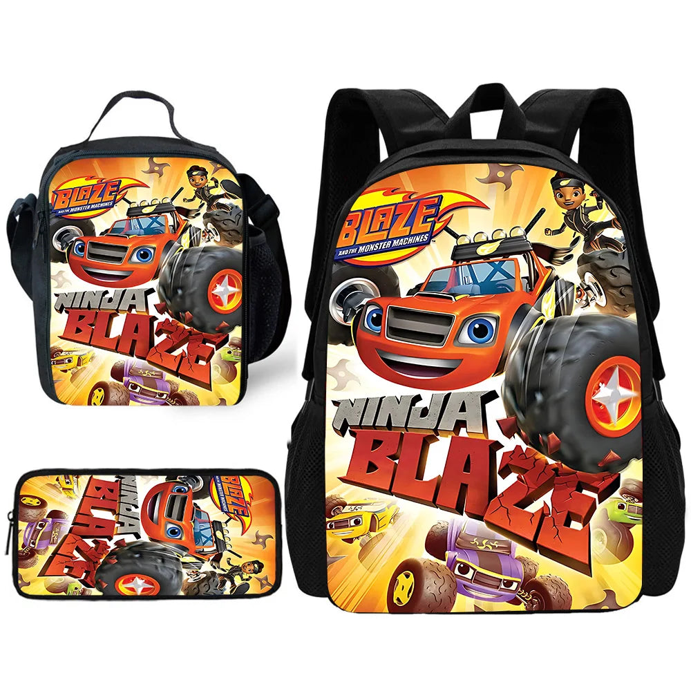 Zaino Scolastico 3D Cartoon Blaze Monster Machines con Borsa Pranzo, Astuccio, Zaino per Bambini e Bambine, Miglior Regalo