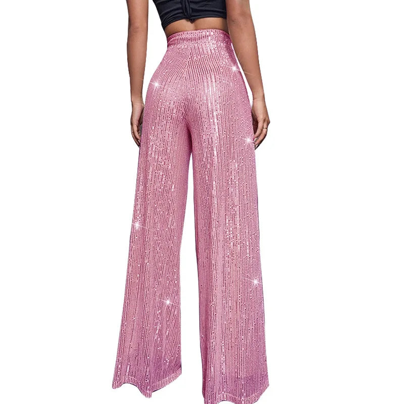 Pantaloni da donna, abbigliamento femminile, vestiti alla moda, pantaloni casual con paillettes, pantaloni eleganti, ampi e fluidi, a gamba larga, hwy5623