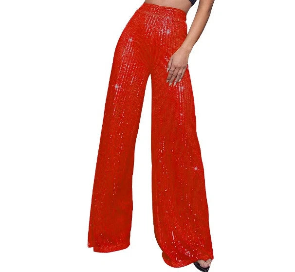 Pantaloni da donna, abbigliamento femminile, vestiti alla moda, pantaloni casual con paillettes, pantaloni eleganti, ampi e fluidi, a gamba larga, hwy5623
