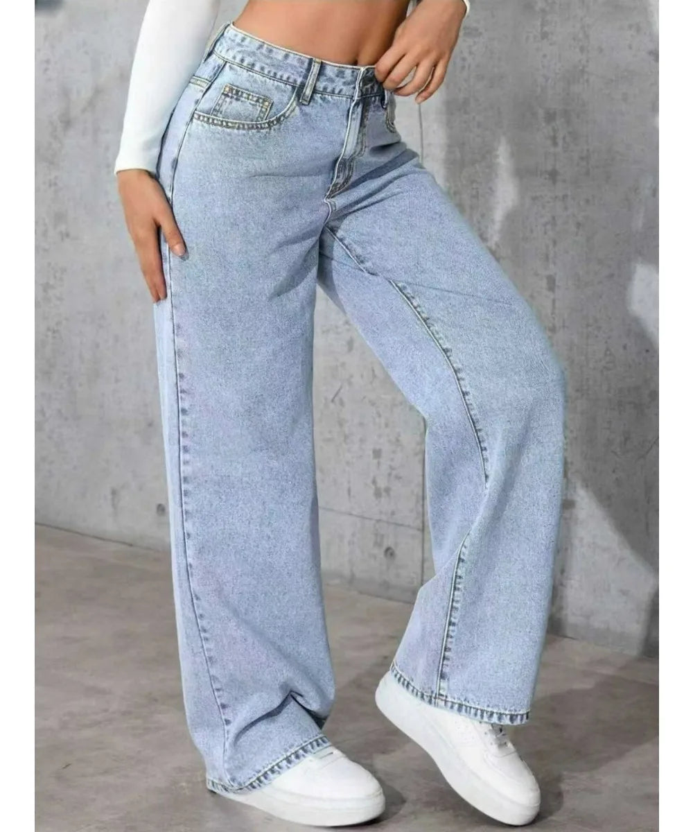 Jeans da donna in denim a gamba larga a gamba dritta Y2K Autunno Inverno 2025 Pantaloni larghi retrò stile coreano Jeans versatili da strada di moda