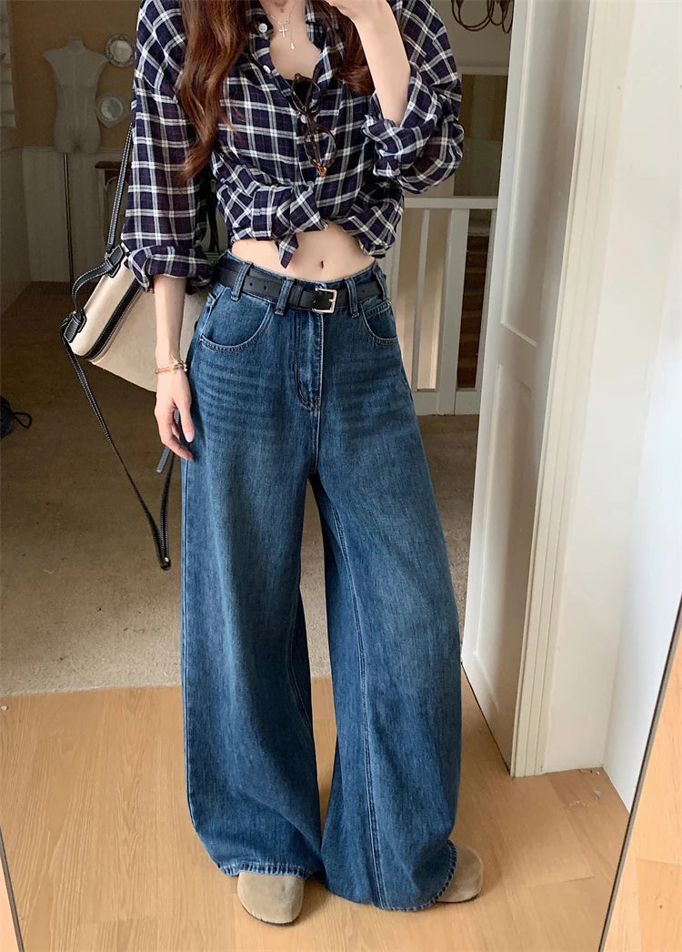 Jeans a Vita Alta Stile Americano, Gamba Larga, per Donna, Autunno Inverno, Vestibilità Comoda, Pantaloni Lunghi, Taglio Dritto, Casual, Denim Blu, Effetto Snellente
