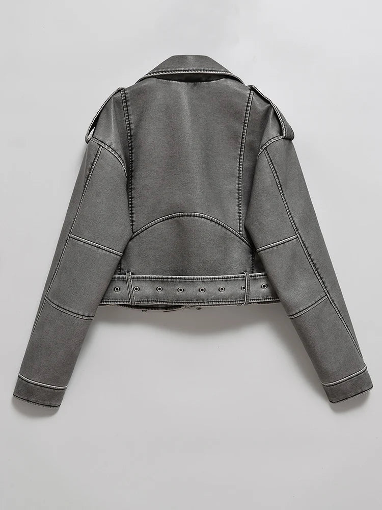Ailegogo Giacca corta da donna vintage in ecopelle lavata allentata Streetwear Cintura con cerniera femminile Moto Biker Cappotto retrò Capispalla Top