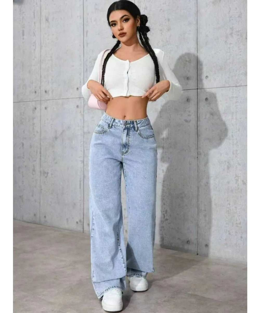 Jeans da donna in denim a gamba larga a gamba dritta Y2K Autunno Inverno 2025 Pantaloni larghi retrò stile coreano Jeans versatili da strada di moda
