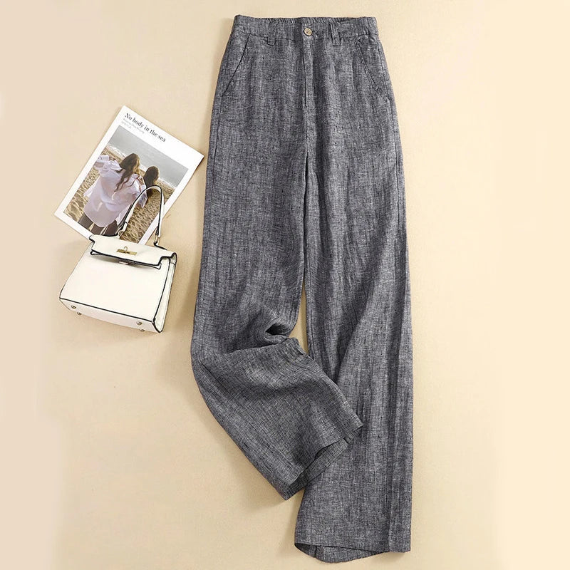 Pantaloni Larghi a Vita Alta in Lino Tinta Unita, Nuovi Modelli Estivi Coreani da Donna, Taglie Grandi, Moda Casual Elegante e Drappeggiata