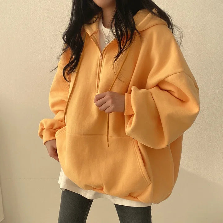 Felpa con cappuccio da donna Harajuku sciolto oversize tinta unita Top mezza Zip felpa donna Casual manica lunga tasca cappotti con cappuccio 2023
