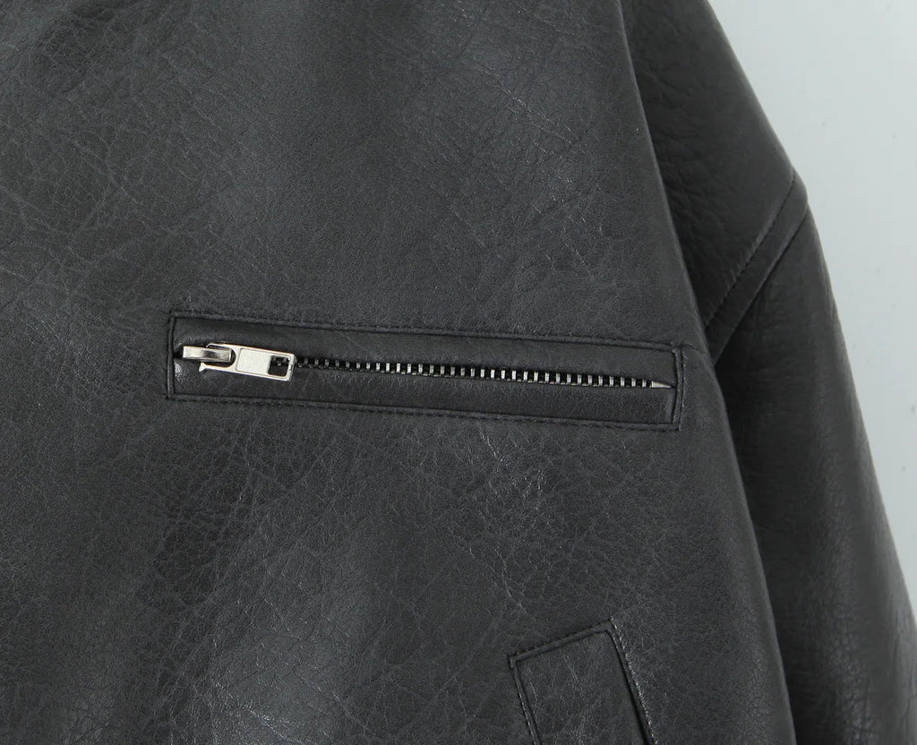 Giacca in Pelle PU Y2K COOL da Donna con Collo a V, Maniche Lunghe, Cerniera, Imbottita, Corta e Larga, Grigia