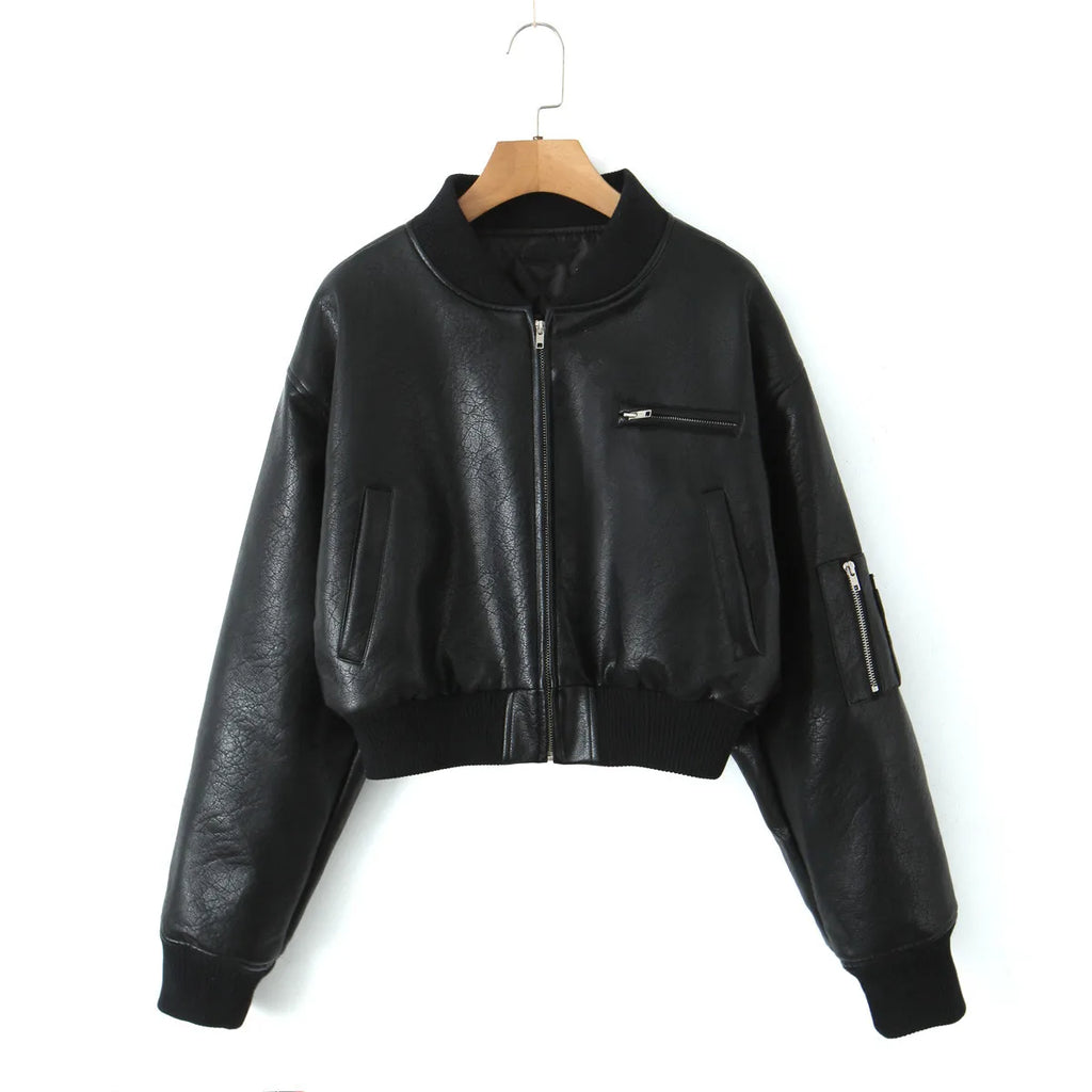Giacca in Pelle PU Y2K COOL da Donna con Collo a V, Maniche Lunghe, Cerniera, Imbottita, Corta e Larga, Grigia