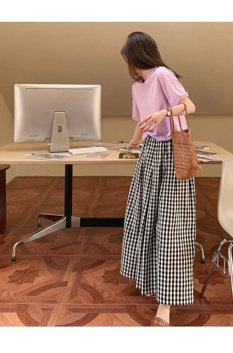 Pantaloni scozzesi a gamba larga da donna Pantaloni larghi stile coreano con pannelli Pantaloni streetwear Pantalones Abbigliamento estivo A-line Adolescenti College