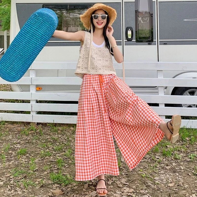 Pantaloni scozzesi a gamba larga da donna Pantaloni larghi stile coreano con pannelli Pantaloni streetwear Pantalones Abbigliamento estivo A-line Adolescenti College