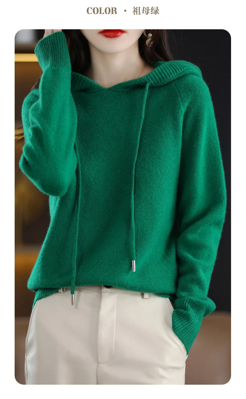 Maglione con cappuccio Moda Donna Autunno Inverno Manica lunga Tinta unita Felpe con cappuccio lavorate a maglia Lady Felpa con cappuccio pullover casual con coulisse allentata