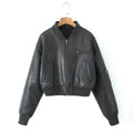 Giacca in Pelle PU Y2K COOL da Donna con Collo a V, Maniche Lunghe, Cerniera, Imbottita, Corta e Larga, Grigia