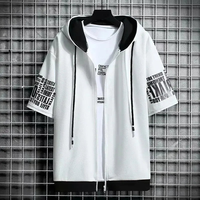 Felpe con cappuccio da uomo di moda Abbigliamento estivo da uomo T-shirt Cappuccio con cerniera Cartoon T-shirt casual Stampa Top con cappuccio Manica corta da uomo