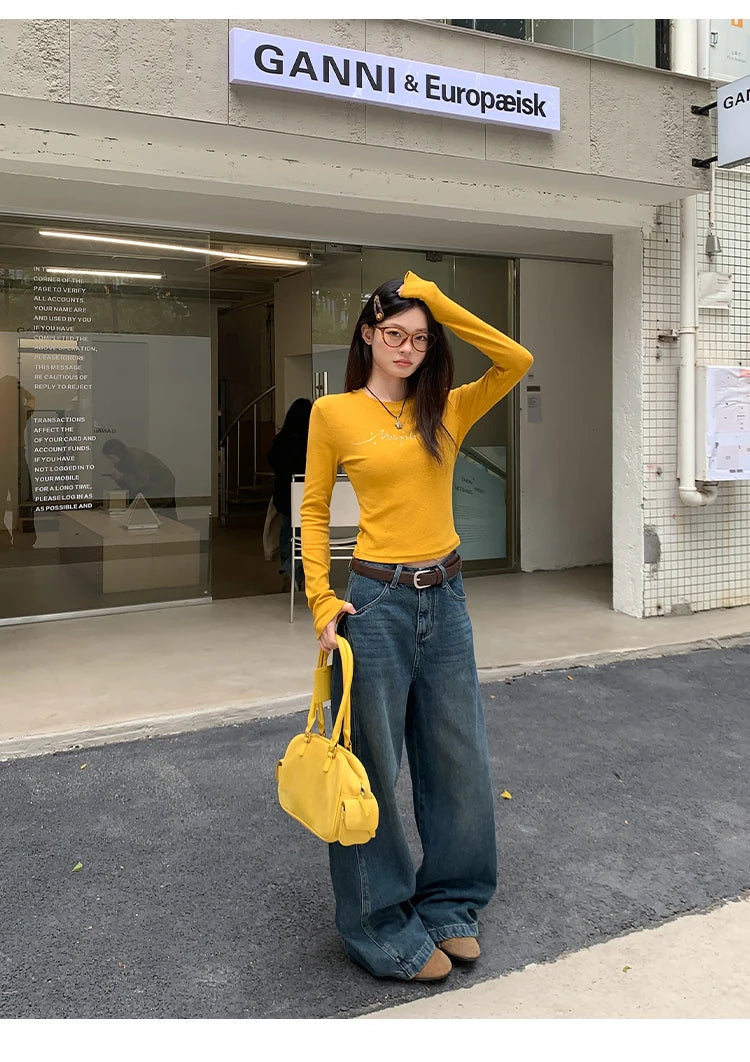 Jeans in denim blu a gamba dritta e vestibilità ampia da donna, pantaloni casual a gamba larga, comodi e rilassanti, stile coreano, per la primavera