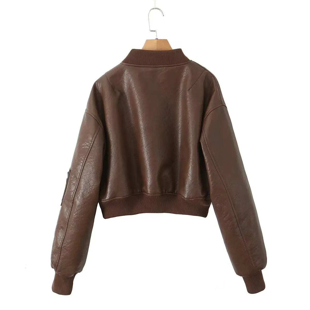 Giacca in Pelle PU Y2K COOL da Donna con Collo a V, Maniche Lunghe, Cerniera, Imbottita, Corta e Larga, Grigia