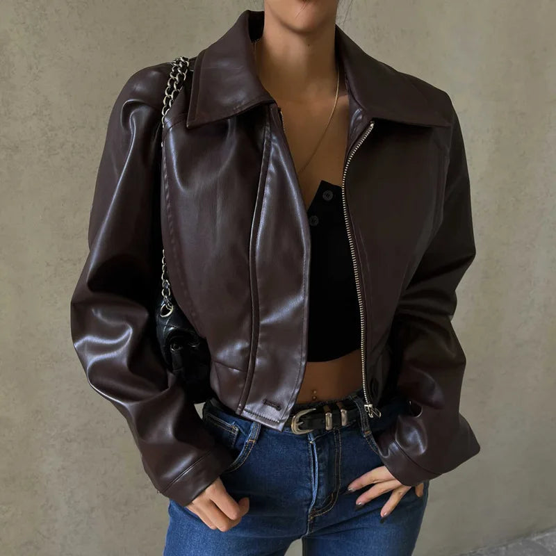 Giacca in pelle vintage con cintura in vita solida Moda donna Colletto alla coreana Manica intera Cappotto con fibbia con cerniera 2026 Lady Street Capispalla