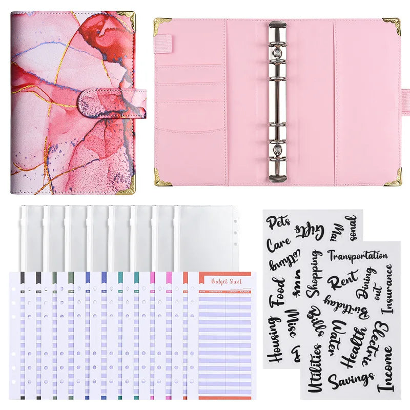 1spc budget card 12 sheets+zipper bag 8 sheets+2 sheets English stickers A6 leather retro marble pattern copper corner accountin