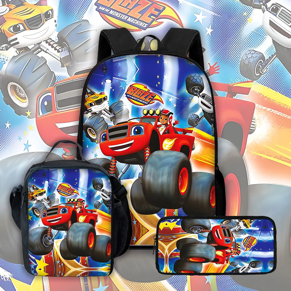 Zaino Scolastico 3D Cartoon Blaze Monster Machines con Borsa Pranzo, Astuccio, Zaino per Bambini e Bambine, Miglior Regalo