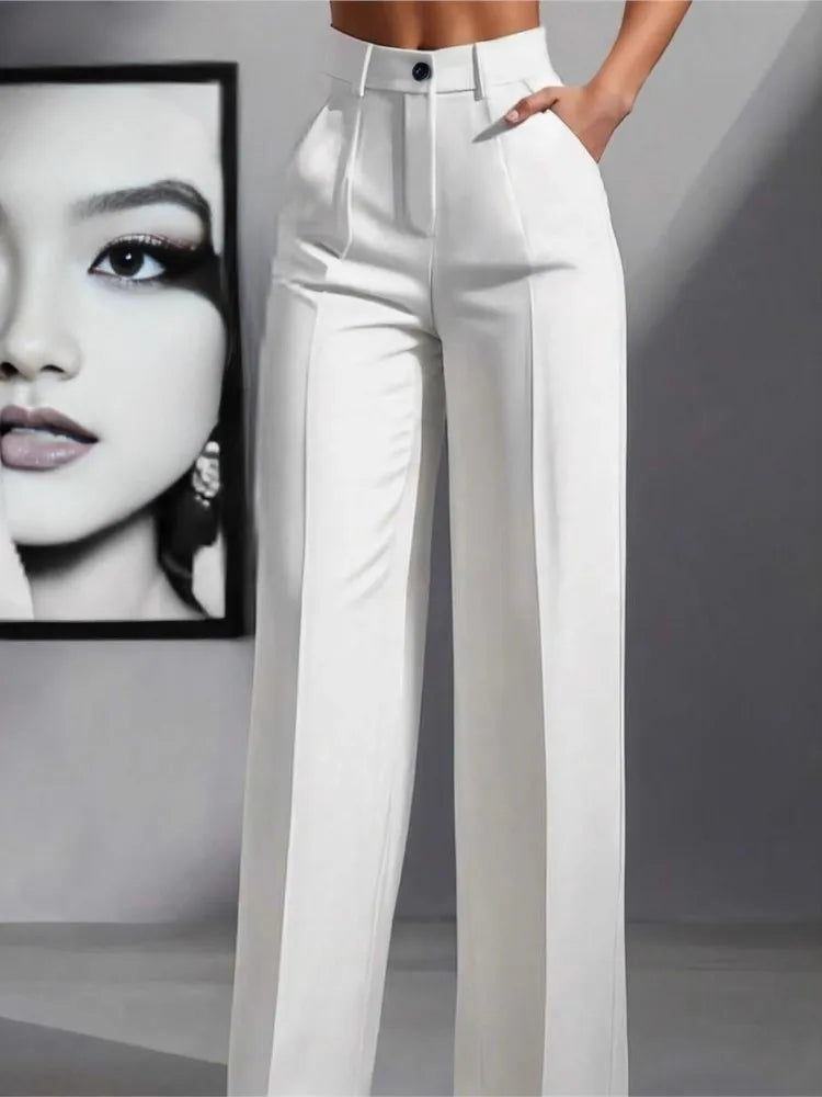 Pantaloni larghi pieghettati a vita alta da donna casual in tinta unita Pantaloni da lavoro Primavera Autunno Nuovi pantaloni dritti Pantaloni su misura da ufficio