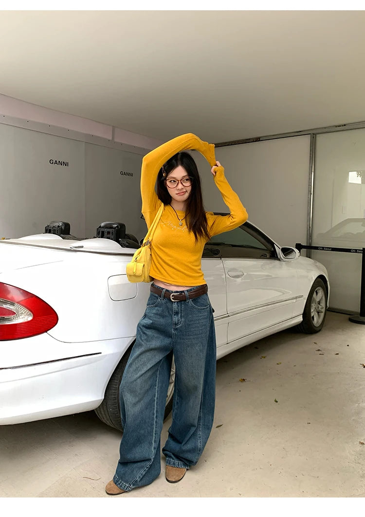 Jeans in denim blu a gamba dritta e vestibilità ampia da donna, pantaloni casual a gamba larga, comodi e rilassanti, stile coreano, per la primavera