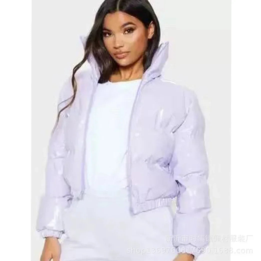 Giacca da donna imbottita in cotone Giacca moda casual lucida manica lunga autunno e inverno colletto alla coreana cerniera corta sexy strada calda