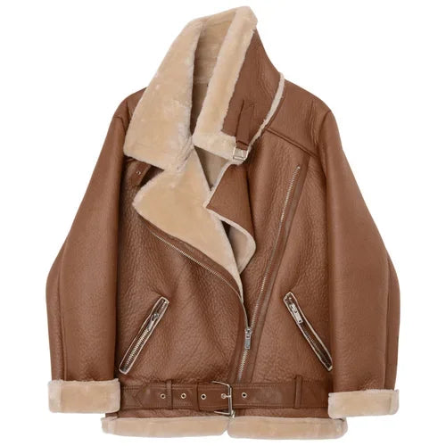 Ailegogo Cappotti Invernali Donna Spessa Pelliccia Sintetica Cappotto di Pelle di Pecora Pelliccia Femminile Giacca Impiombata Aviatore Outwear Casaco Feminino
