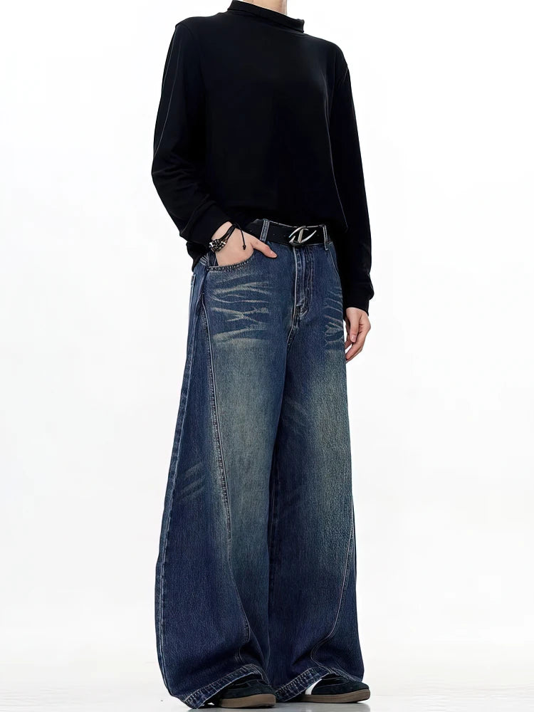 Jeans Baggy Vintage Neri Lavati da Uomo, Pantaloni a Gamba Larga con Taglio Curvo, Streetwear, Stile Cowboy, Casual, in Denim, a Gamba Dritta
