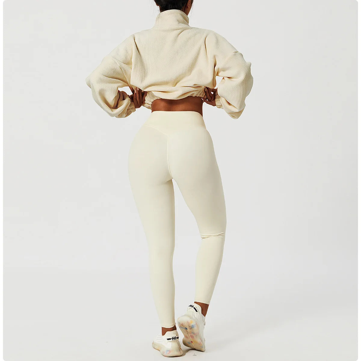 Felpa con cappuccio da donna in pile polare con zip, vestibilità ampia, top corto atletico con colletto rialzato, fori per i pollici e orlo con coulisse per l'autunno inverno