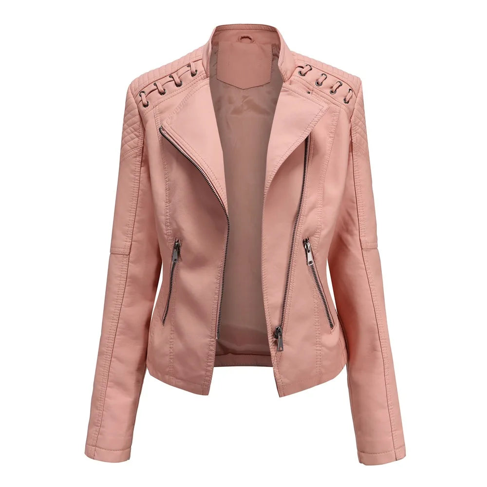Giacca in Pelle da Donna Primavera/Autunno, Slim Fit, Stile Biker, Cappotto Corto in Ecopelle con Colletto Alto e Cerniera