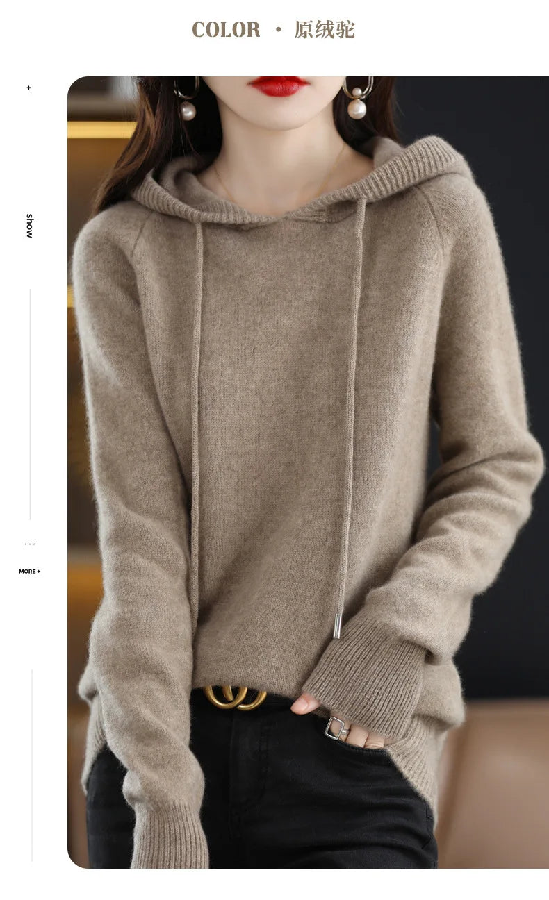 Maglione con cappuccio Moda Donna Autunno Inverno Manica lunga Tinta unita Felpe con cappuccio lavorate a maglia Lady Felpa con cappuccio pullover casual con coulisse allentata