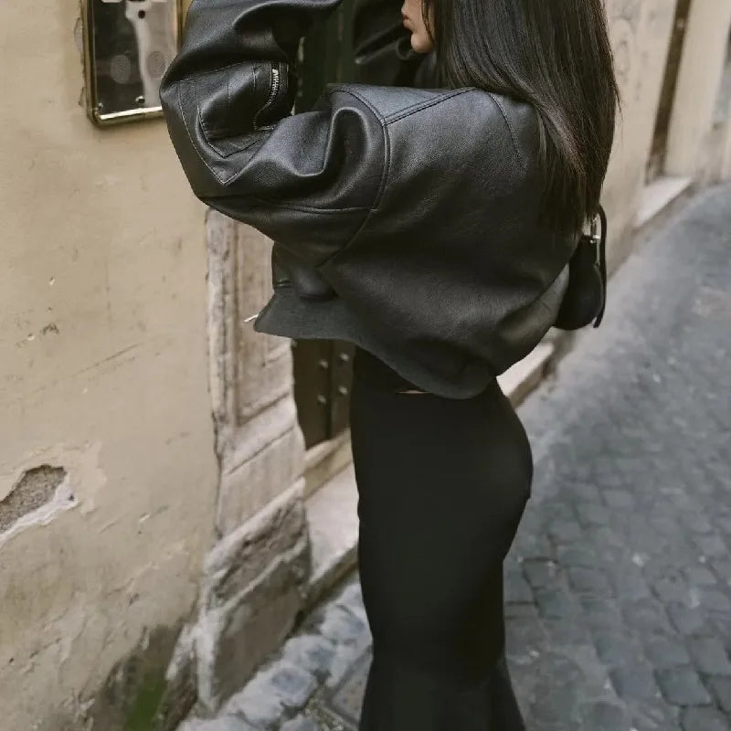 Giacca in Pelle PU Y2K COOL da Donna con Collo a V, Maniche Lunghe, Cerniera, Imbottita, Corta e Larga, Grigia