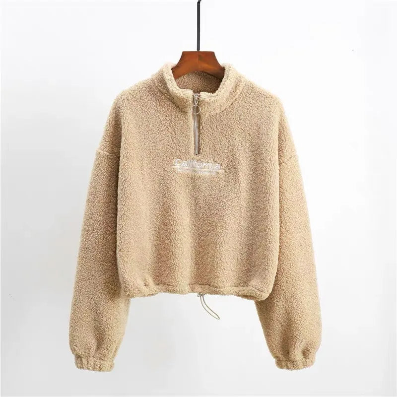 Felpe con cappuccio ritagliate in pile con ricamo a lettera da donna felpe con coulisse a maniche lunghe autunnali nuove magliette Casual in velluto di peluche