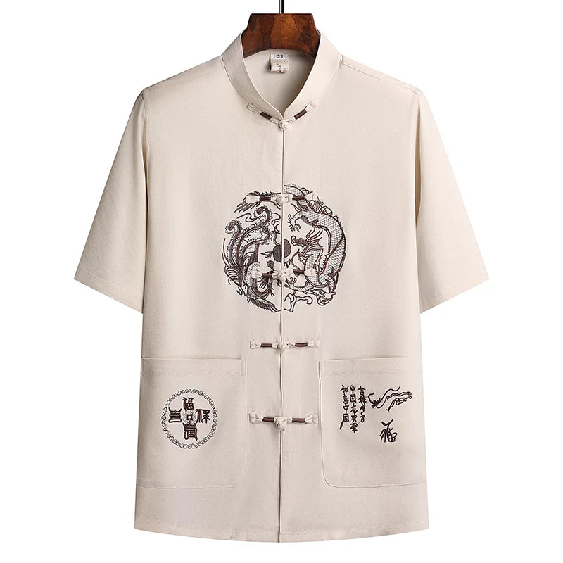 Lino (top + pantaloni) abito Tang cinese in lino arruffato di mezza età da uomo in stile cinese Hanfu nonno vestito in lino