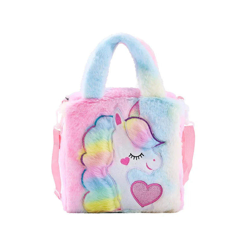 Borse per bambini Borse a tracolla Borsa a tracolla in peluche ricamata a fumetti Borsa per bambini carina per ragazza Borsa a tracolla per ragazza unicorno Spot
