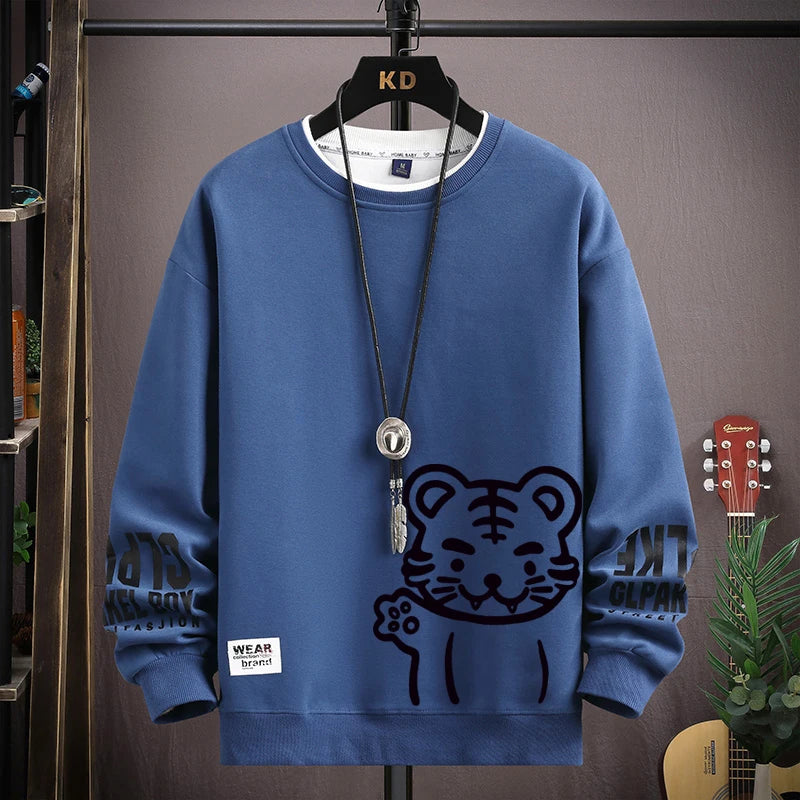 Felpa da uomo Cartoon giapponese Felpe con cappuccio T-shirt a maniche lunghe stampata tigre autunnale Abbigliamento da uomo di moda Cachi O Collo Harajuku Top