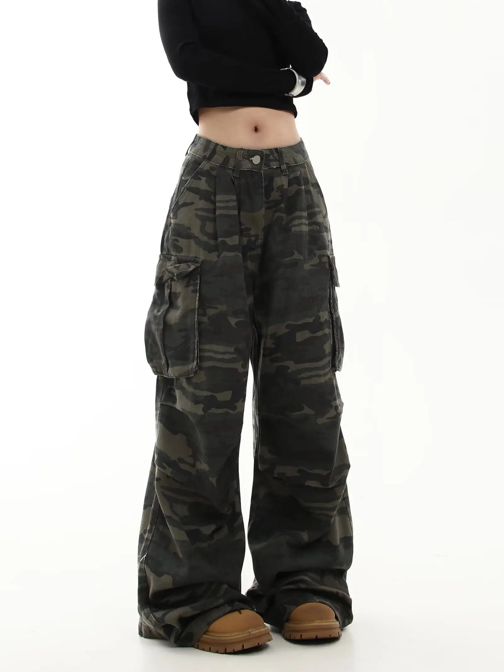Pantaloni Cargo mimetici donna Y2K Streetwear Jeans a vita bassa pantaloni a gamba larga retrò pantaloni dritti in Denim Harajuku