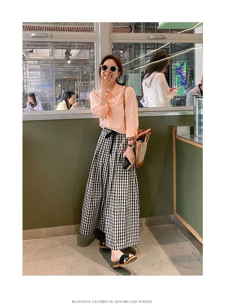 Pantaloni scozzesi a gamba larga da donna Pantaloni larghi stile coreano con pannelli Pantaloni streetwear Pantalones Abbigliamento estivo A-line Adolescenti College