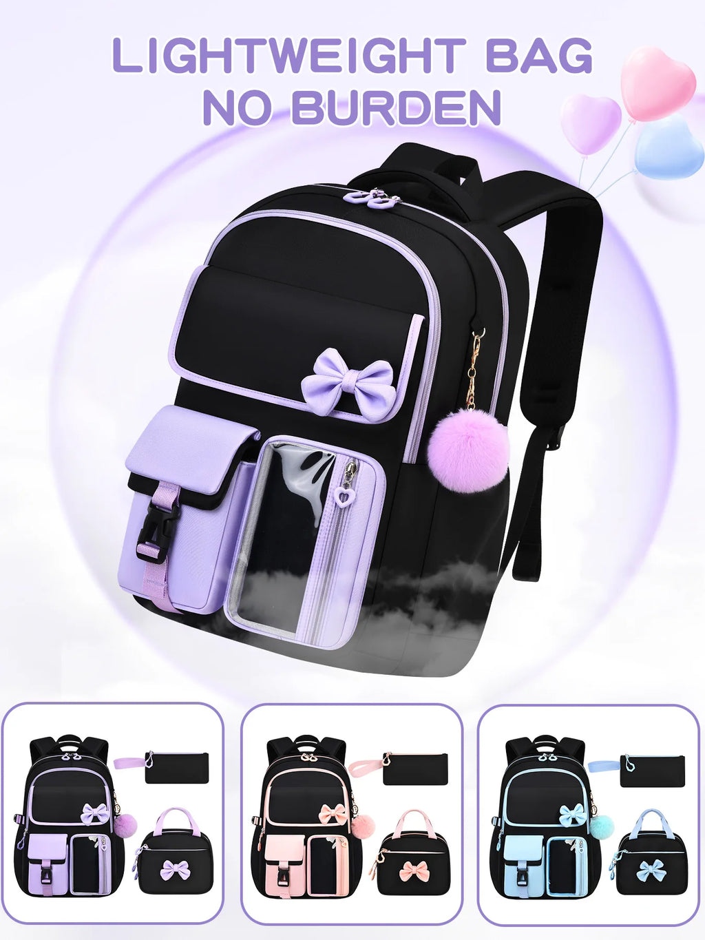 Zaino scolastico elementare multitasche per ragazze, zaino ergonomico impermeabile con fiocco, set di zaini per viaggi all'aperto e uso quotidiano