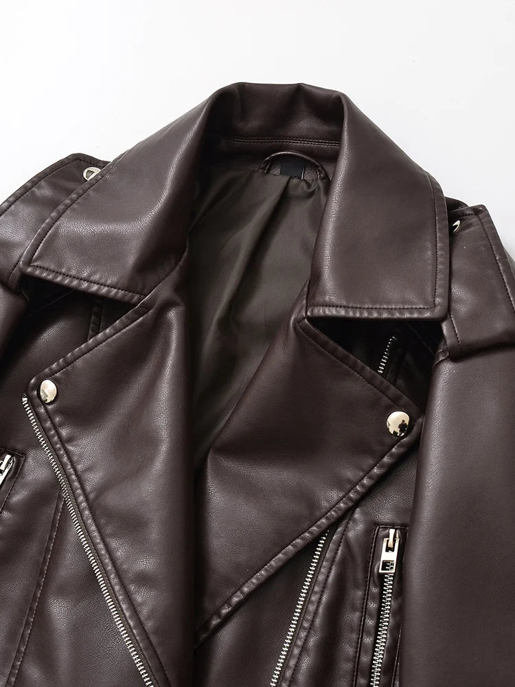 Ailegogo nuova primavera autunno donna vintage cintura allentata giacca in ecopelle streetwear femminile retrò moto biker cappotto capispalla