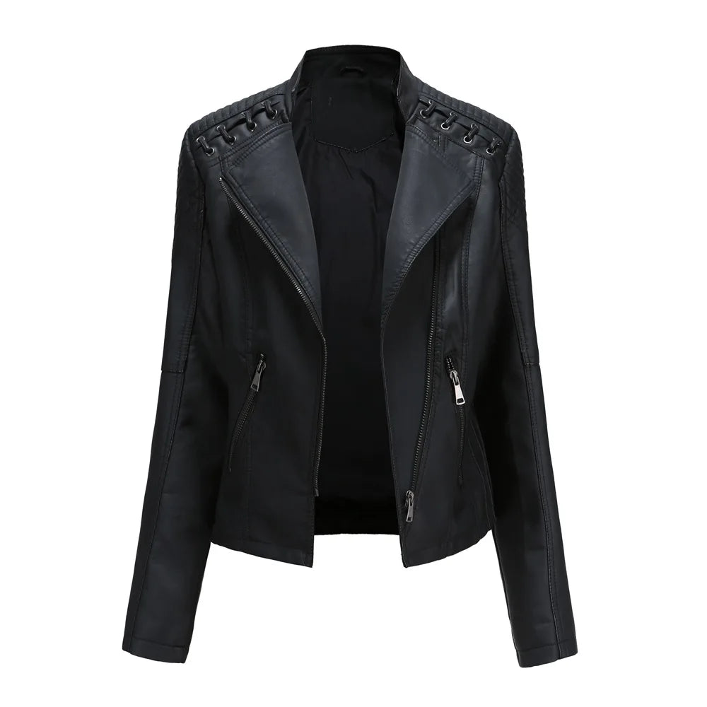 Giacca in Pelle da Donna Primavera/Autunno, Slim Fit, Stile Biker, Cappotto Corto in Ecopelle con Colletto Alto e Cerniera