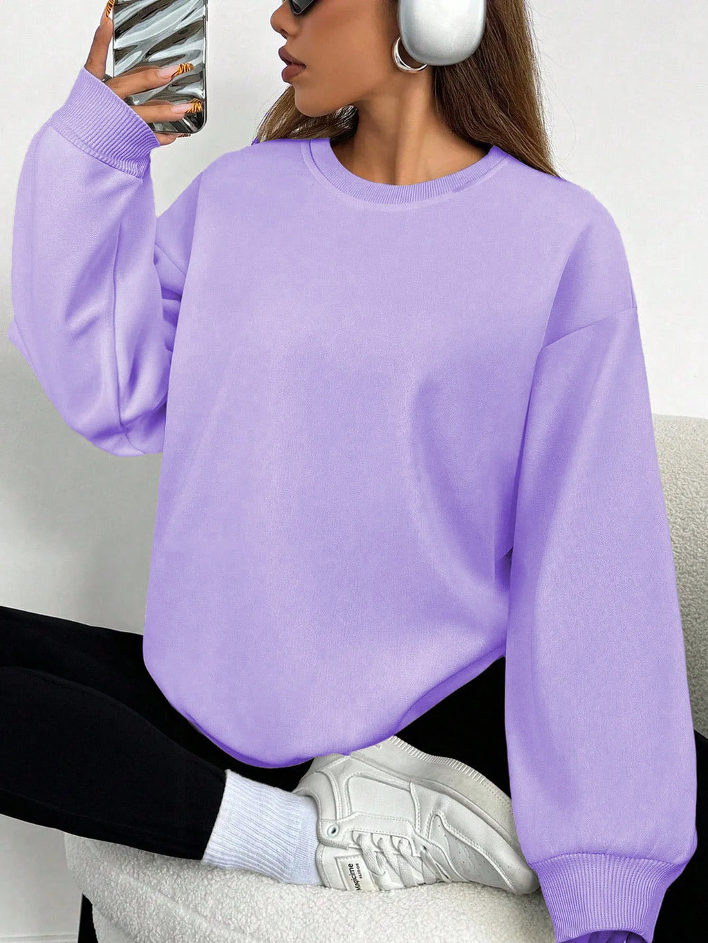 Felpa da donna casual semplice tinta unita ampia a maniche lunghe versione oversize o-collo top basic primavera/autunno streetwear