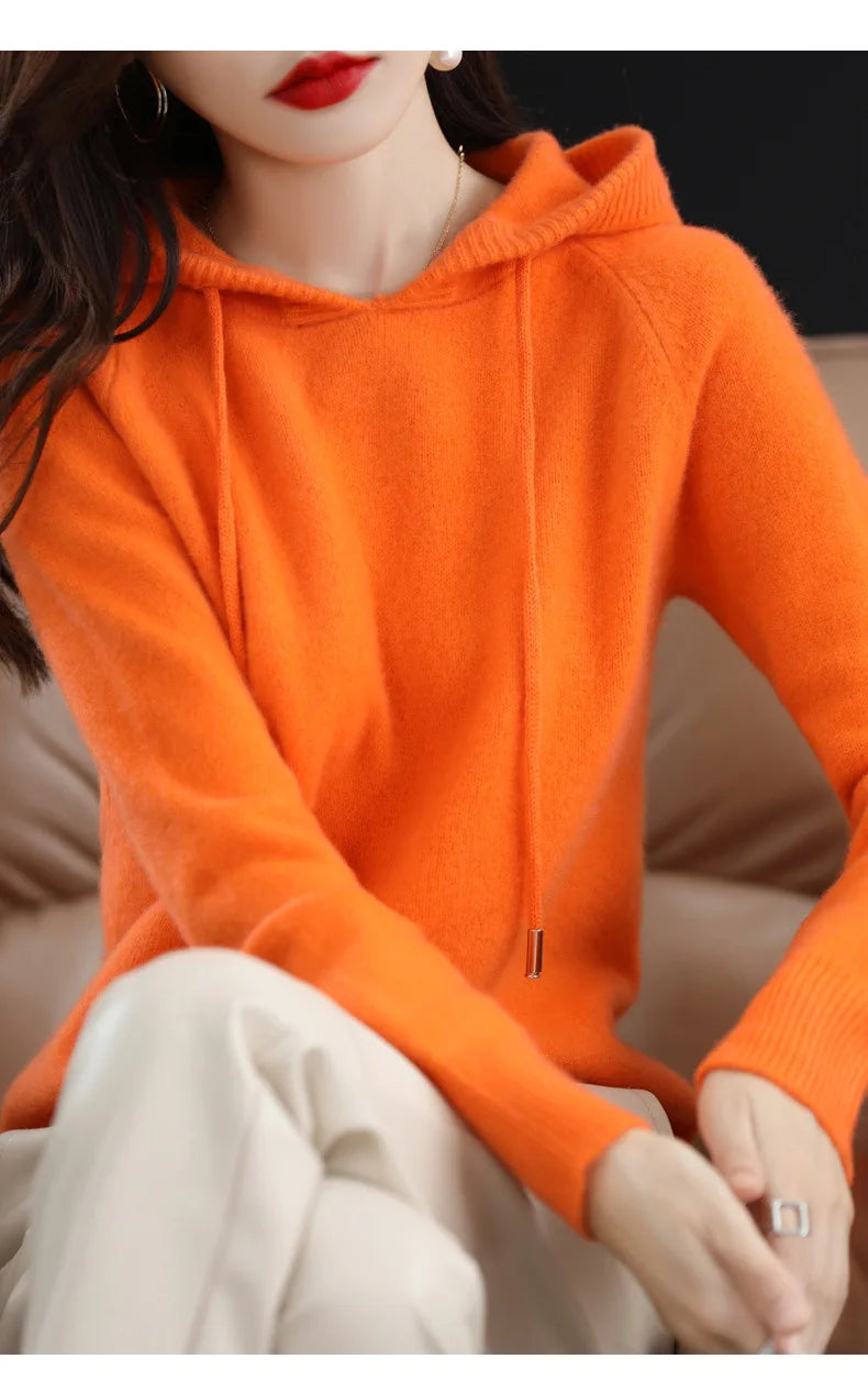 Maglione con cappuccio Moda Donna Autunno Inverno Manica lunga Tinta unita Felpe con cappuccio lavorate a maglia Lady Felpa con cappuccio pullover casual con coulisse allentata