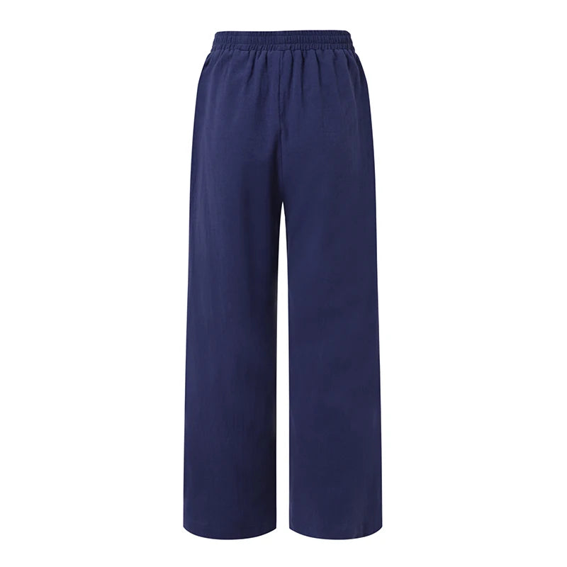 ZANZEA-Pantaloni Estivi da Donna in Cotone e Lino con Vita Elastica, Gamba Larga, Casual, Leggeri, Tinta Unita, Pantaloni Palazzo