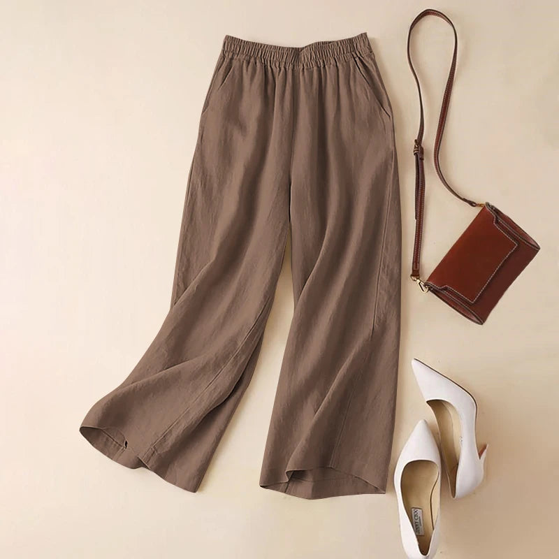 ZANZEA-Pantaloni Estivi da Donna in Cotone e Lino con Vita Elastica, Gamba Larga, Casual, Leggeri, Tinta Unita, Pantaloni Palazzo