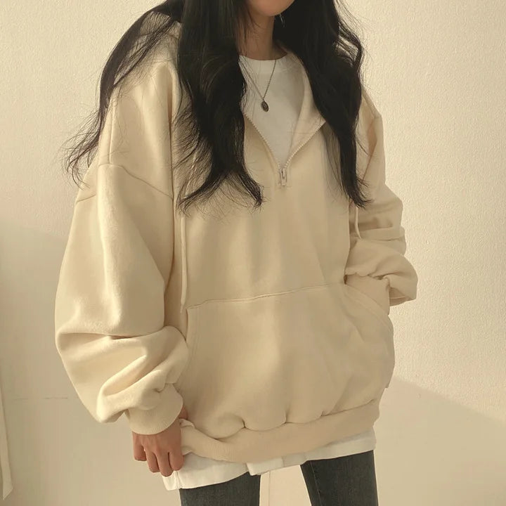 Felpa con cappuccio da donna Harajuku sciolto oversize tinta unita Top mezza Zip felpa donna Casual manica lunga tasca cappotti con cappuccio 2023