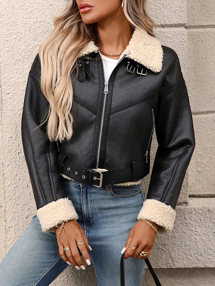 Ailegogo Inverno Donna Streetwear Giacca corta in pelliccia di agnello sintetica con cintura Moto Biker Cappotto di pelle di pecora caldo spesso Capispalla