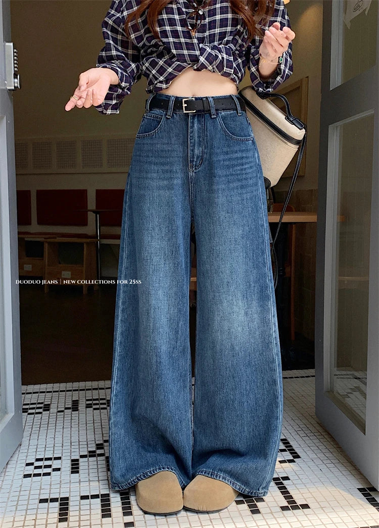 Jeans a Vita Alta Stile Americano, Gamba Larga, per Donna, Autunno Inverno, Vestibilità Comoda, Pantaloni Lunghi, Taglio Dritto, Casual, Denim Blu, Effetto Snellente