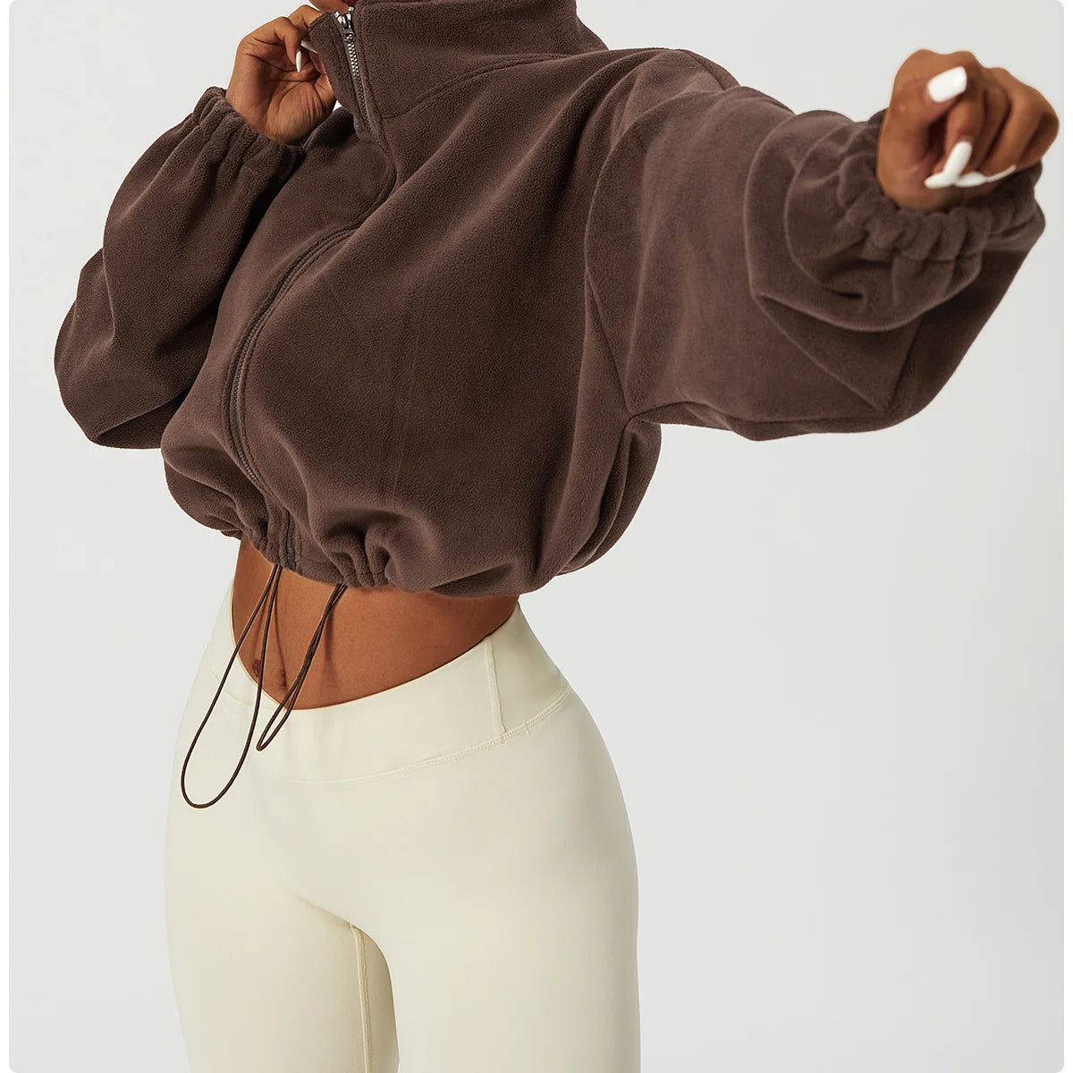 Felpa con cappuccio da donna in pile polare con zip, vestibilità ampia, top corto atletico con colletto rialzato, fori per i pollici e orlo con coulisse per l'autunno inverno