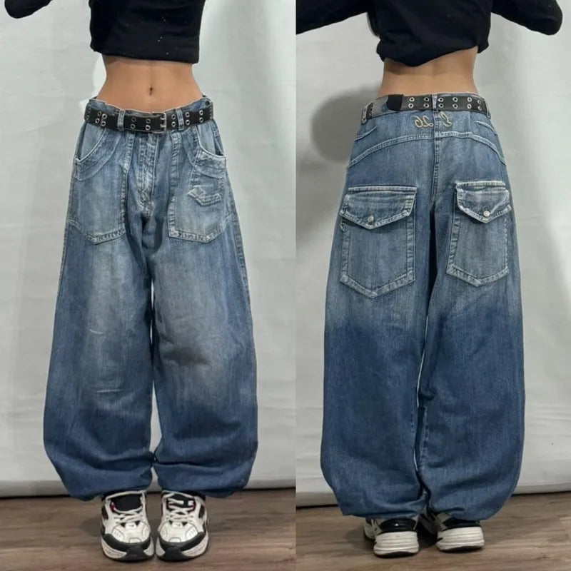 American New Fashion Modello geometrico Jeans larghi ricamati Donna Y2K Harajuku Vintage Hip-hop Pantaloni larghi casual popolari